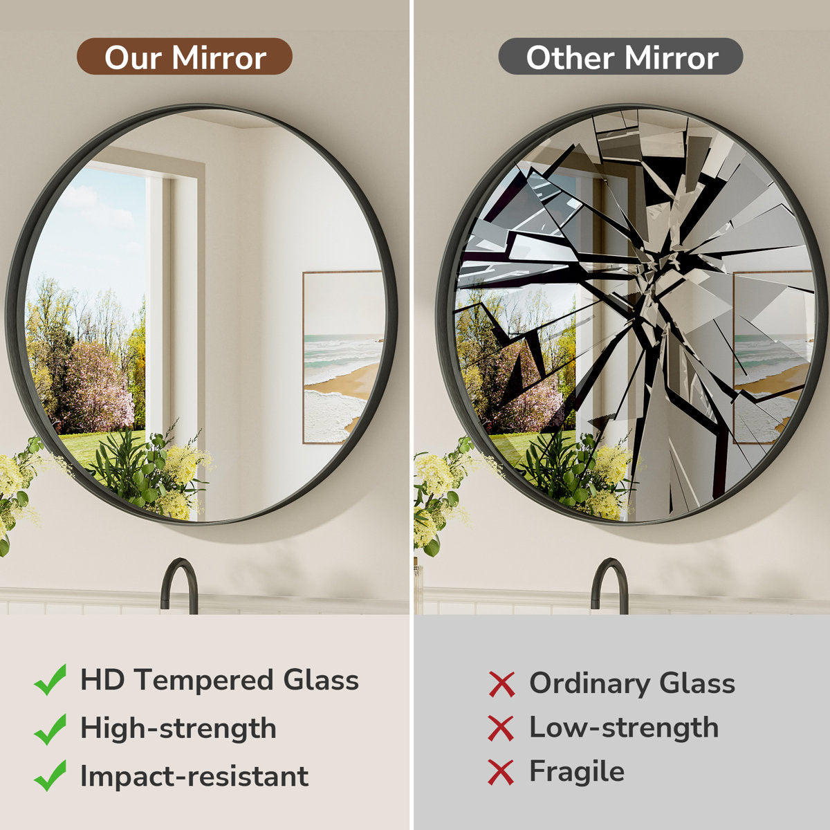 Valancia Round Bathroom Mirror with Aluminum Frame, Tempered Glass